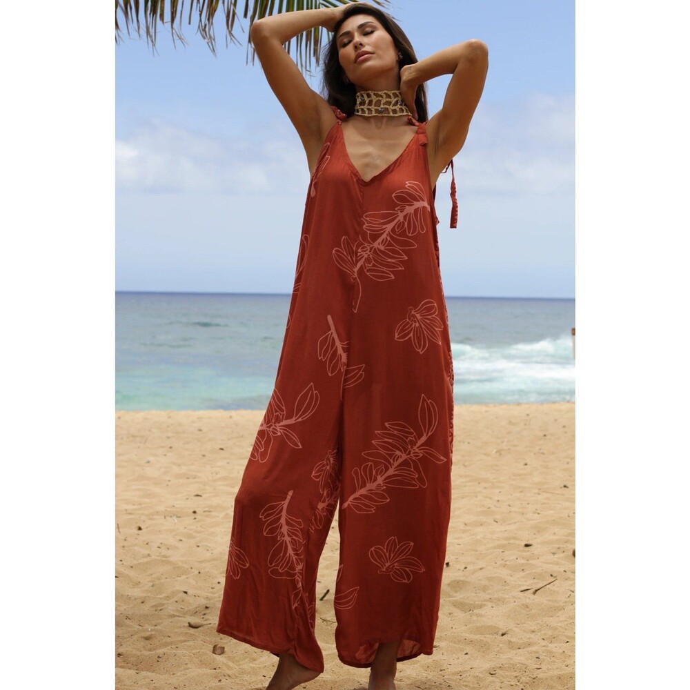 NWT Lotus And Lime Hawaiian Sketch Leaf Terracotta Nani Harem Jumpsuit OS